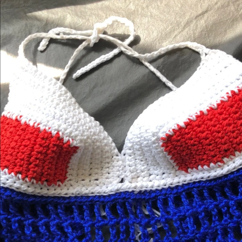 Red, White, and Blue Crochet Halter Top with Fringe - Picture 9 of 15